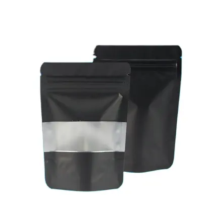 Eco-Friendly Custom Spot UV Matte Black Base Mylar Bags With Clear Window Smell Proof Stand Up Pouches