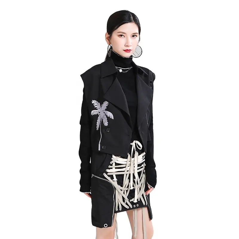 2021 새로운 패션 조끼 틈새 디자인 간단한 코코넛 나무 패턴 옷깃 불규칙한 양복 조끼 자켓 여성