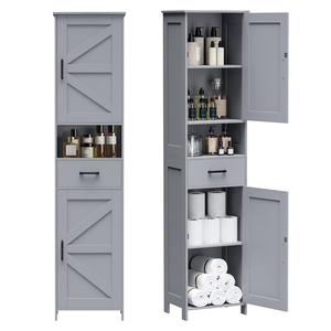 Armoire de rangement haute noire pour salle de bain avec portes coulissantes, meuble de rangement autoportant avec tiroir et compartiment ouvert pour petits espaces - Product Image 6