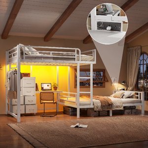Lit superposé moderne entièrement métallique avec 8 tiroirs, bureau d'étude, étagères de rangement, tringle à vêtements et port USB – Robuste pour dortoir/appartement - Product Image 1
