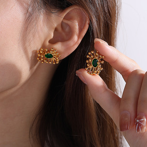 ต่างหูรูปดอกไม้หินสีเขียวทองโลหะผสมสังกะสีการตั้งค่ากรอบเครื่องประดับปาร์ตี้ EH935 - Product Image 4