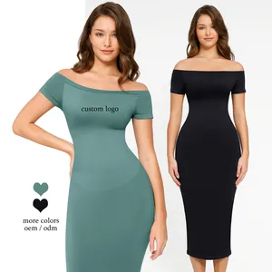 Venta al por mayor personalizado primavera y verano sin costuras MIDI bodycon incorporado Shapewear vestido elegante casual ONG vestidos de las mujeres