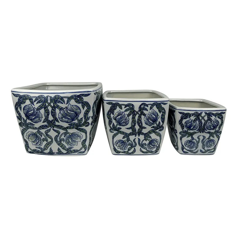 RXAE-FL23-374 China Traditional Blue and White Porcelain Flower Pots Asian Floral Pattern Square Planter Garden Pots -Set of 3