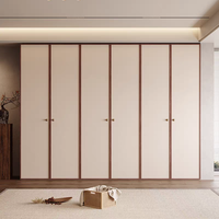 Armoire à portes battantes en placage de bois, style Mid-Century, avec blocs de couleur et lignes épurées, poignée métallique, pour chambre à coucher