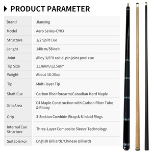 Jianying Yfen Aero Series 11.8mm <span class=keywords><strong>Queue</strong></span> <span class=keywords><strong>de</strong></span> <span class=keywords><strong>billard</strong></span> à manche composite trois couches en fibre <span class=keywords><strong>de</strong></span> carbone et en bois d'érable - Product Image 2