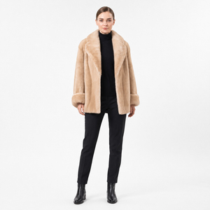 Cappotto in Vera Pelliccia di <span class=keywords><strong>Visone</strong></span> <span class=keywords><strong>Beige</strong></span> per Donna, Collo a Risvolto, Casual, Antivento, Fodera in Poliestere, Lussuoso Capospalla Invernale - Product Image 2