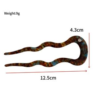 Épingle à cheveux en acétate français en forme de U ondulée avec strass, style national chinois, bâtonnet à cheveux de couleur unie, accessoire capillaire - Product Image 3