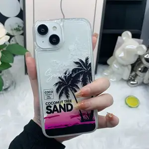 2024 New Flowing Sand Snowflake Coconut Tree Beach Phone Case for iphone 11 12 13 14 15 Pro Max Cell Cover