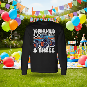 Camiseta de manga larga para niños, unisex, con cuello redondo, estampado digital, Young Wild And Three Monster Truck, para 3er cumpleaños - Product Image 3
