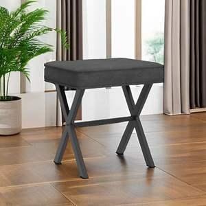 Taburete de tocador de maquillaje de lino cuadrado moderno, patas X plegables, pequeño asiento otomano de madera, reposapiés acolchado para dormitorio, hogar, vida suave - Product Image 4