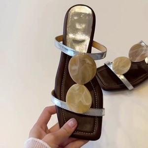 <b>Flat</b> <b>Sandals</b> Women Square Toe Genuine Sheepskin Leather Breathable Buckle Decoration Korean Style Casual Outdoor Wear - Product Image 3