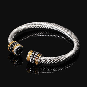 Bracelet en fil torsadé bicolore en acier inoxydable, or et noir, bijoux de mode unisexe - Product Image 5