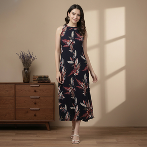 Women's Rayon Floral Print A LINE <b>Dress</b> Blue Color <b>Sleeveless</b> Keyhole Neck Casual <b>Summer</b> Fashion Comfortable Western <b>Dress</b> - Product Image 1