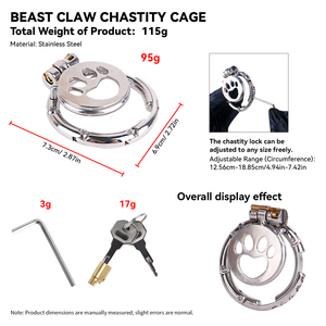 Stainless Steel Cat Paw Male Chastity <b>Cage</b> Adjustable Size SM Penis Lock <b>Light</b> Restraint Device Safe Material for Adult Men 18+ - Product Image 6