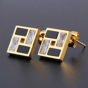 Geometric Square <b>Stud</b> <b>Earrings</b> Gold Tone Zirconia Inlay Bezel Setting Fashion Jewelry - Product Image 2