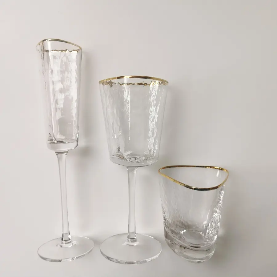INT Vaisselle en vrac transparent et coloré martelé flûtes à champagne en verre or jante mariage ensemble de verre à vin