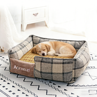 Coussin pour animaux de compagnie lavable, motif écossais, en tissu type lin brodé, pour toutes les saisons, lit orthopédique pour chien et chat