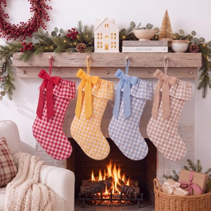 Chaussette de Noël à carreaux de qualité supérieure, grand sac cadeau en toile avec élégant nœud de couleur unie pour la décoration de cheminée familiale - Product Image 2