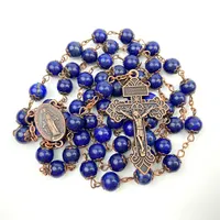 Lazurite ile boncuklu hıristiyan mucizevi madalya ve çapraz katolik tesbihi doğal donanma mavi taşlar