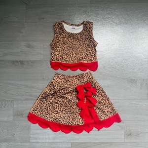 Toddler Girls Leopard Print Sleeveless <b>Crop</b> <b>Top</b> Skirt 2PCS Summer Active Outfit with <b>Red</b> Scalloped Hem Bow - Product Image 1