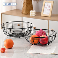 Panier de rangement pour fruits en fer forgé noir minimaliste, rond, à un seul niveau, tressé avec trois billes d'acier, drainable, pour la maison