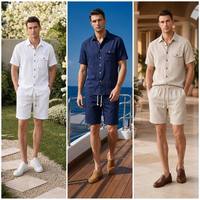 Ensemble deux pièces assorti pour homme, décontracté chic, respirant, en lyocell et lin, à manches courtes, col montant, poche à rabat, pour l'été