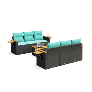 Set Divano da Esterno in Polyrattan Nero con Cuscini, 7 Posti, Stile Contemporaneo - Product Image 1
