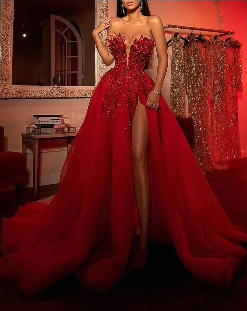 undefined A6953 Ready to Ship Bright Red Floor Length Slit Sequin Party Wear Dresses for Women