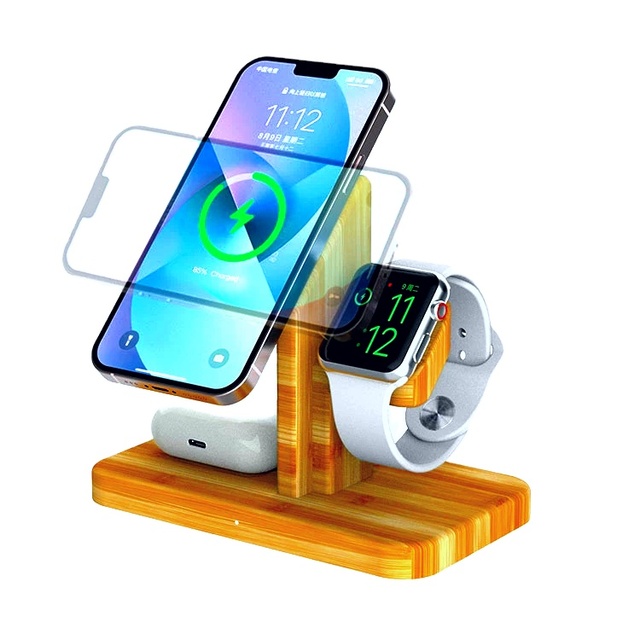 3-in-1 Wireless Fast Charging Station with Wood & Bamboo Design 15W Output Custom Color-Opening up a New Realm of Charging