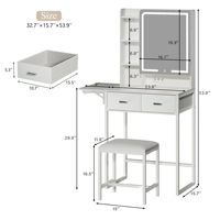 Coiffeuse avec miroir et éclairage, petite table de maquillage avec tiroir de rangement en tissu, étagères cachées, panneau rabattable et prise de courant