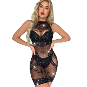 Women Hot Drill Shiny Sexy Lingerie Turtleneck Mesh Cloth Sexy Flirting Pajamas