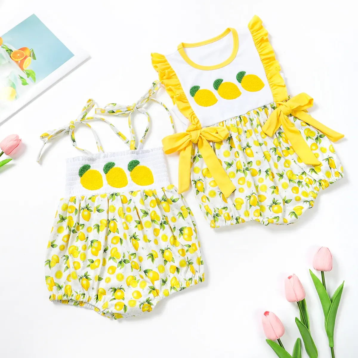 ملابس صيفية للأطفال الرضع 2024، رومبير بناتي مطبوع عليه ليمون، رومبير لحديثي الولادة بجزء شفاف مع ربطة فرنسية ليمونية