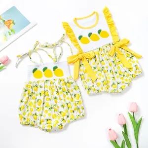 Pakaian bayi Musim Panas 2024 lemon dicetak bayi perempuan romper gelembung dengan lemon Perancis simpul smock baju monyet bayi baru lahir