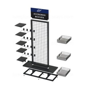 Support d'affichage au sol en métal à 4 côtés avec étagères, crochets, paniers en treillis métallique pour pièces de vélo, équipement de sport de plein air, magasin de vente au détail, rayonnages - Product Image 6