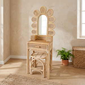 Nhat Minh Rattan <b>Dressing</b> <b>Table</b> With <b>Mirror</b> Tropical Style Bedroom <b>Vanity</b> Set Storage Drawer - Product Image 3