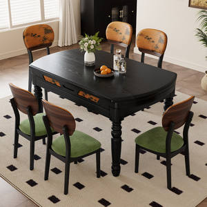 Table à manger rectangulaire en bois massif de style rétro français, convertible, style vintage, pour petites maisons - Product Image 1