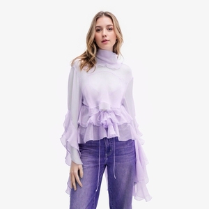 Olaesa Fashion High Quality Women New <strong>Design</strong> V Neck Linen Blouses Purple Puff Sleeve <strong>Peplum</strong> <strong>Top</strong> With Waist Tie