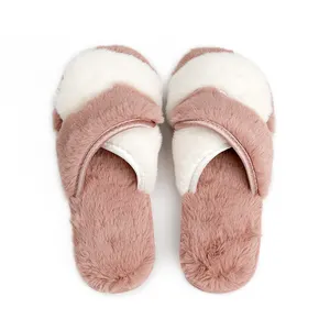 Selling well all over the world rabbit hair phase color cross women's slippers with flat sole