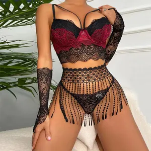 sexy lace transparent sheer tassel lingerie woman underwear ladies thong bra panty set