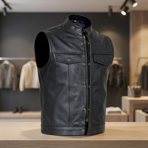 Chaleco de Motocicleta de Cuero y Lona para Hombre, Cuello en V, Alta Calidad, Casual, con Cierre, Impermeable, Transpirable, de Secado Rápido, Color Sólido - Product Image 1