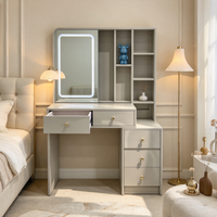 Coiffeuse de chambre à coucher avec miroir LED gris clair, étagères ouvertes, 5 tiroirs, poignées dorées, grande capacité