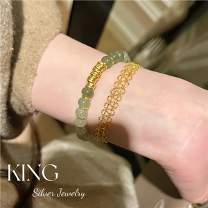 King Silver Jewelry Hetian Jade Beaded <b>Bracelet</b> S925 Silver Plated Gold Women Party Jewelry - Product Image 3