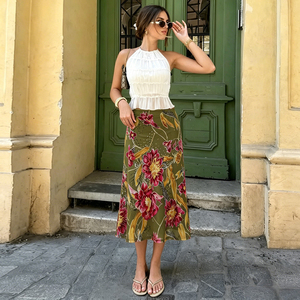Falda midi de malla floral botánica con corte en A, cintura baja, estilo pintura al óleo francesa, vintage, estilo Hong Kong, favorecedora y casual. - Product Image 2