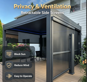 Pérgola Moderna con Techo <span class=keywords><strong>de</strong></span> Láminas, Gazebo <span class=keywords><strong>de</strong></span> Aluminio con Luces LED, Pantallas Retráctiles, Vidrio Templado Impermeable, Pabellón Personalizable - Product Image 1