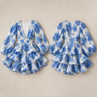 Robe Mini Femme Bleue Hortensia Fleurie Col V Profond Manches Ballon Volants Fit Flare Soirée OEM ODM Grossiste Fournisseur B2B