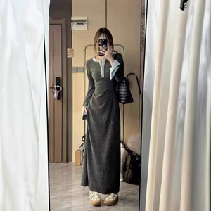High Waisted Gray Long Sleeve Sweater Dress Round Neck A Line Contrast Color Solid Pattern Autumn Winter Women's Dress - Product Image 2