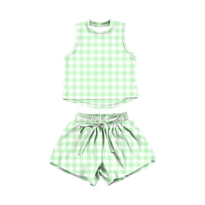 Conjunto deportivo de verano para niñas, con estampado a cuadros amarillo claro, modelo GSSO3475, venta al por mayor, para yoga, atlético, de manga corta. - Product Image 1