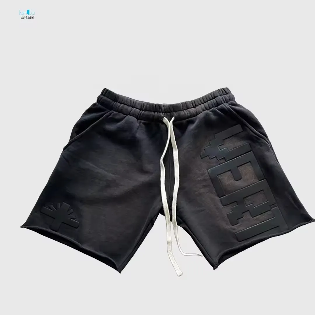 Shorts de ginástica masculinos vintage personalizados com estampa 3D de borracha, shorts de lavagem ácida para homens, com cordão 100% algodão, plus size