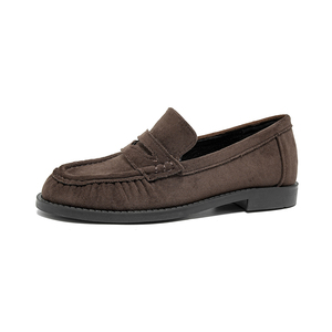 Mocasines de Gamuza, Estilo Otoño Invierno 2025, Nuevo Estilo, Punta Redonda Plisada, Planos, Sin Cordones, Estilo Británico, Zapatos de Mujer, Zapatos Náuticos - Product Image 1