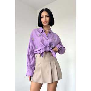 Camisas de Moda al por Mayor para Uso Diario, con Adornos de Cristal Lila, a Cuadros, Lisas, Talla XL, para Primavera y Otoño, de Lino, Chifón, Tejido de Punto, Algodón Plisado - Product Image 3